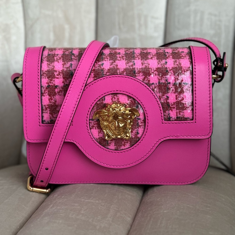 Versace Calfskin Vinyl Small Houndstooth La Medusa Crossbody